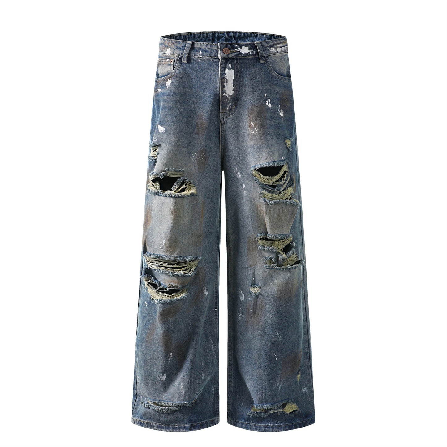 Washed Distressed Mud-Dyed Denim Pants - Unisex Loose Casual Trousers