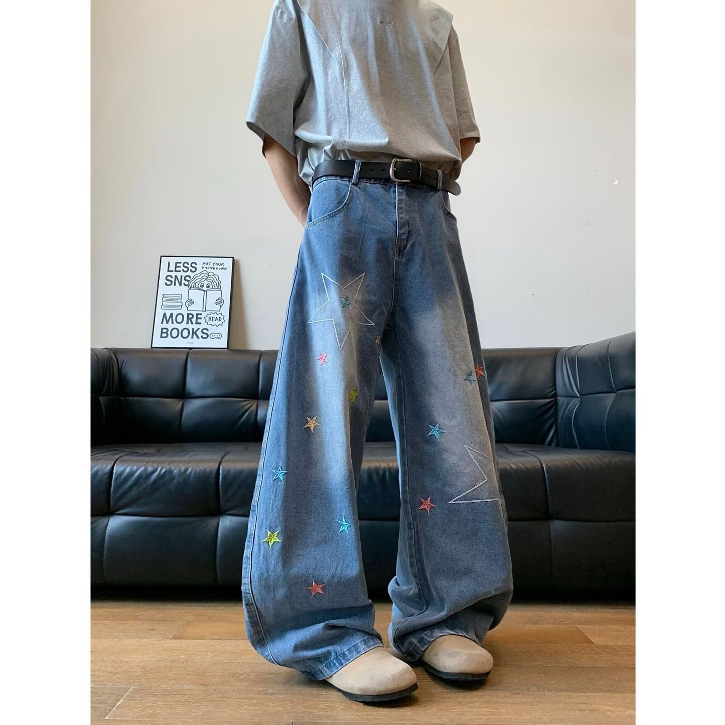 Retro Star Embroidered Curved Knife Jeans for Men