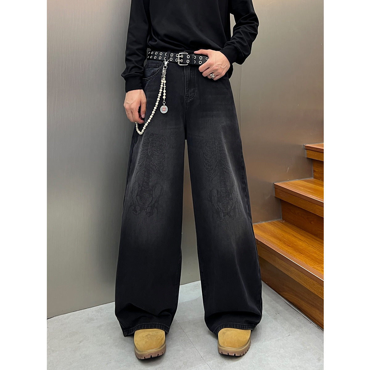 Skeleton Print Washed Denim Jeans Wide Leg Pants