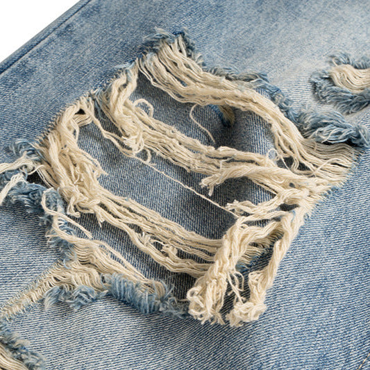 High Street Distressed Hole Denim Long Pants - Washed Loose Wide Leg Jeans