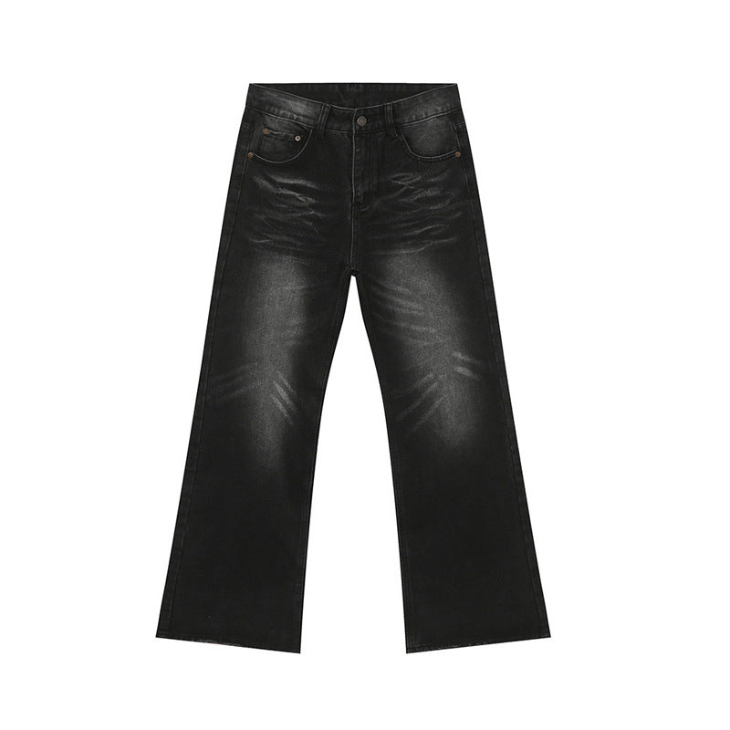 Retro Washed Black Slight Flare Denim Pants for Men - High Street Slim Fit