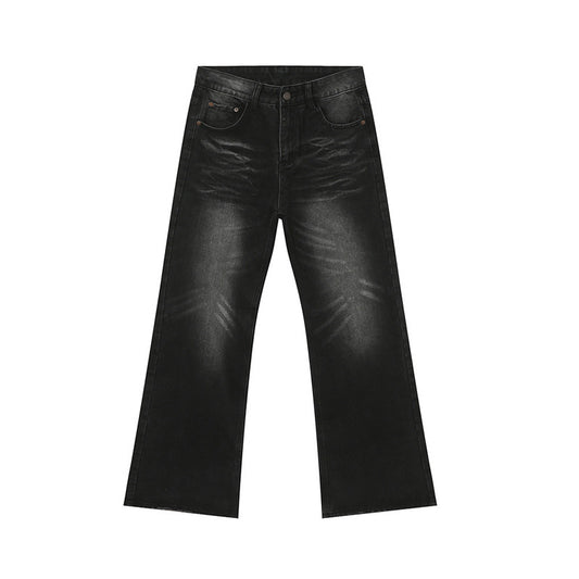 Retro Washed Black Slight Flare Denim Pants for Men - High Street Slim Fit