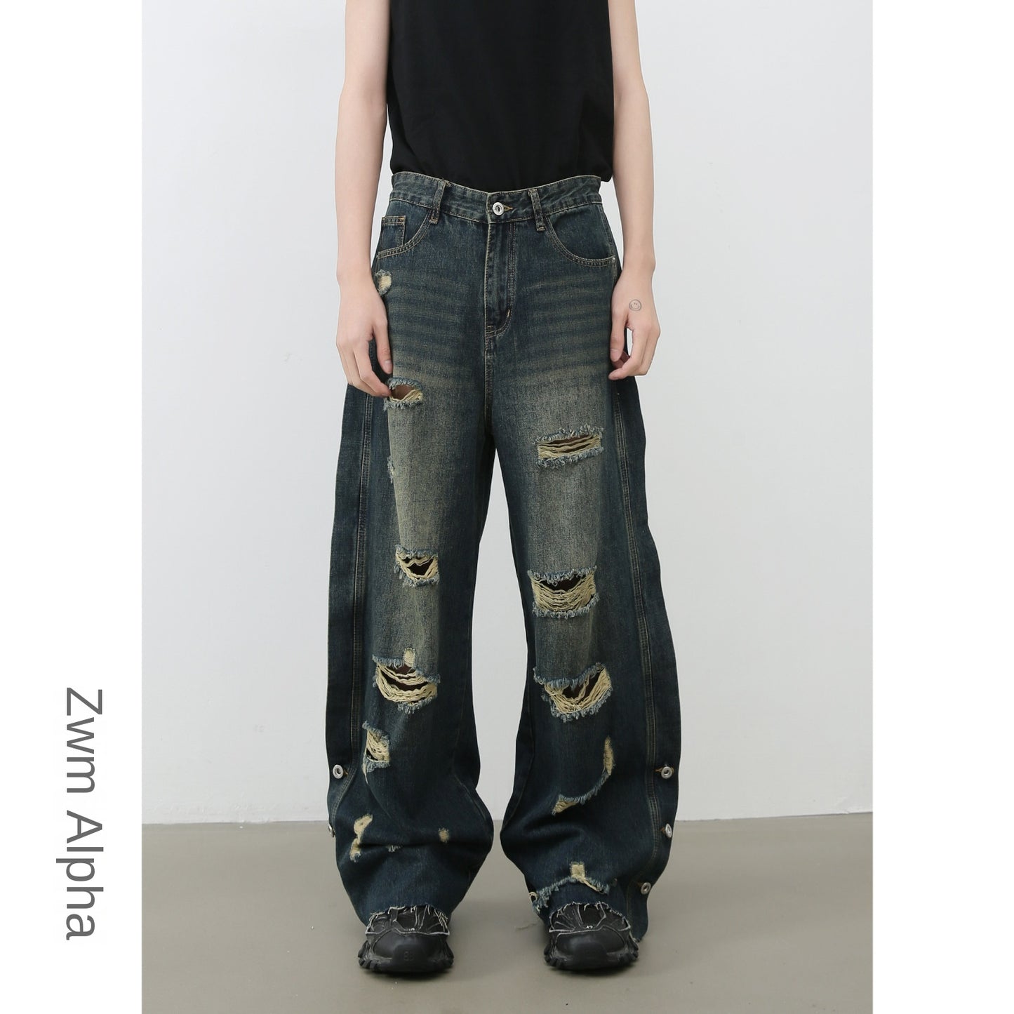 Nirben Denim Frayed Hem Washed Wide-Leg Jeans for Men