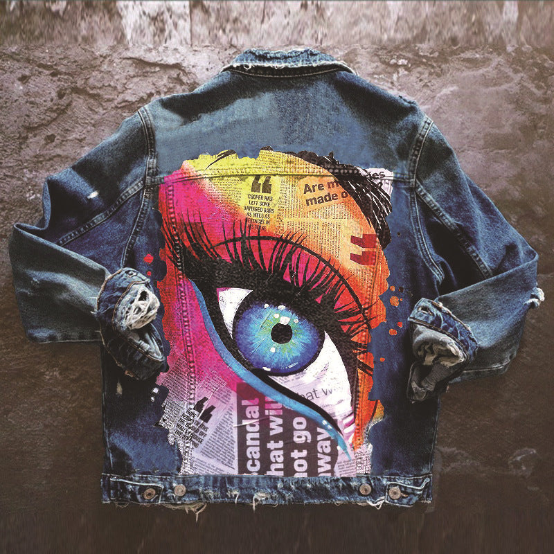 Women's  Lapel Denim Jacket with Mascara Eye Print Pattern