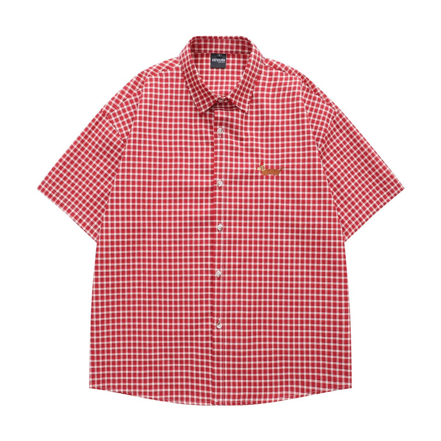 Retro Sausage Dog Embroidered Plaid Short Sleeve Shirt for Men and Women