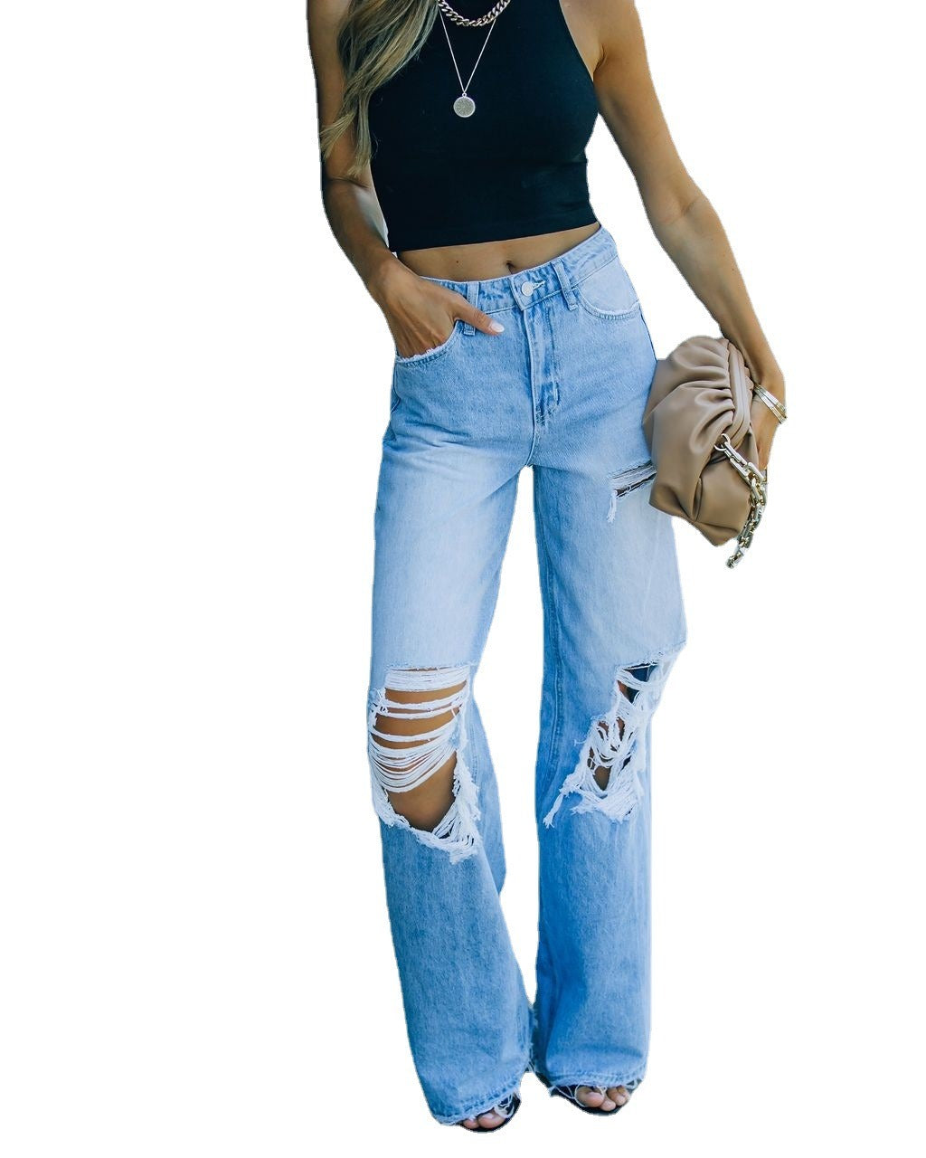 New Retro Hollow-out Flared Pants - Women's Casual Ripped Wide Leg Jeans