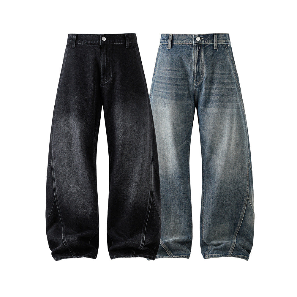 Men's Denim Pants, Dye-Indigo Cut-Offs, Casual Loose Fit, Wide Leg