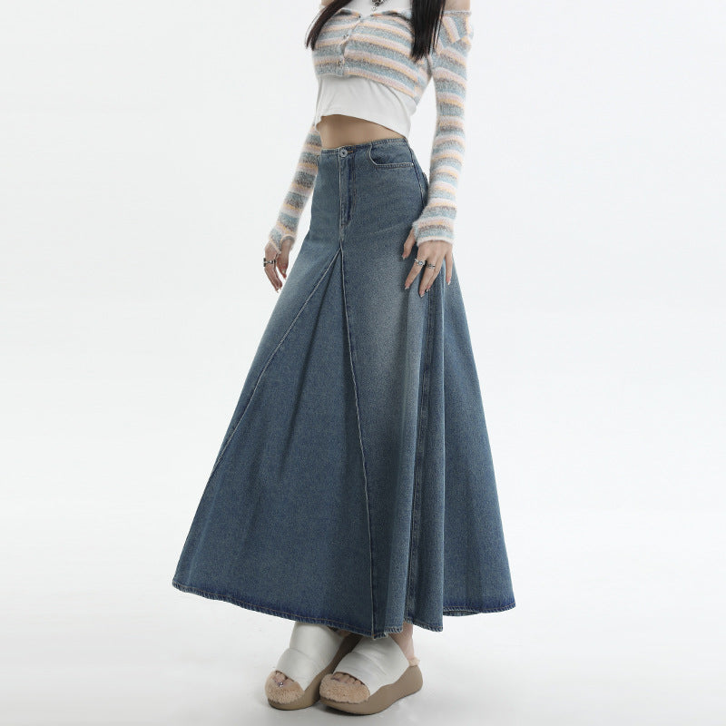 Women's Denim A-Line Midi Skirt with Spliced Design