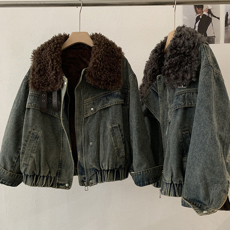 Loose Fleece-lined Thickened Denim Jacket Long Sleeve Casual Warm Top