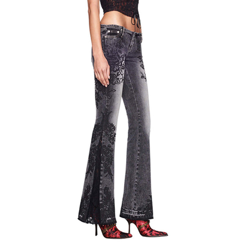 Plant Print Washed Water Slim Fit and Slimming Flared Jeans