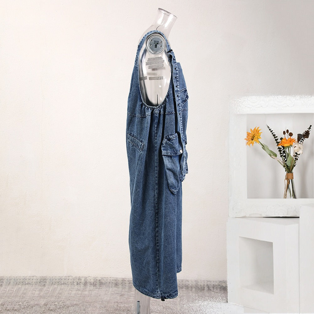 Stylish Women's Denim Overalls with Three-Dimensional Pockets