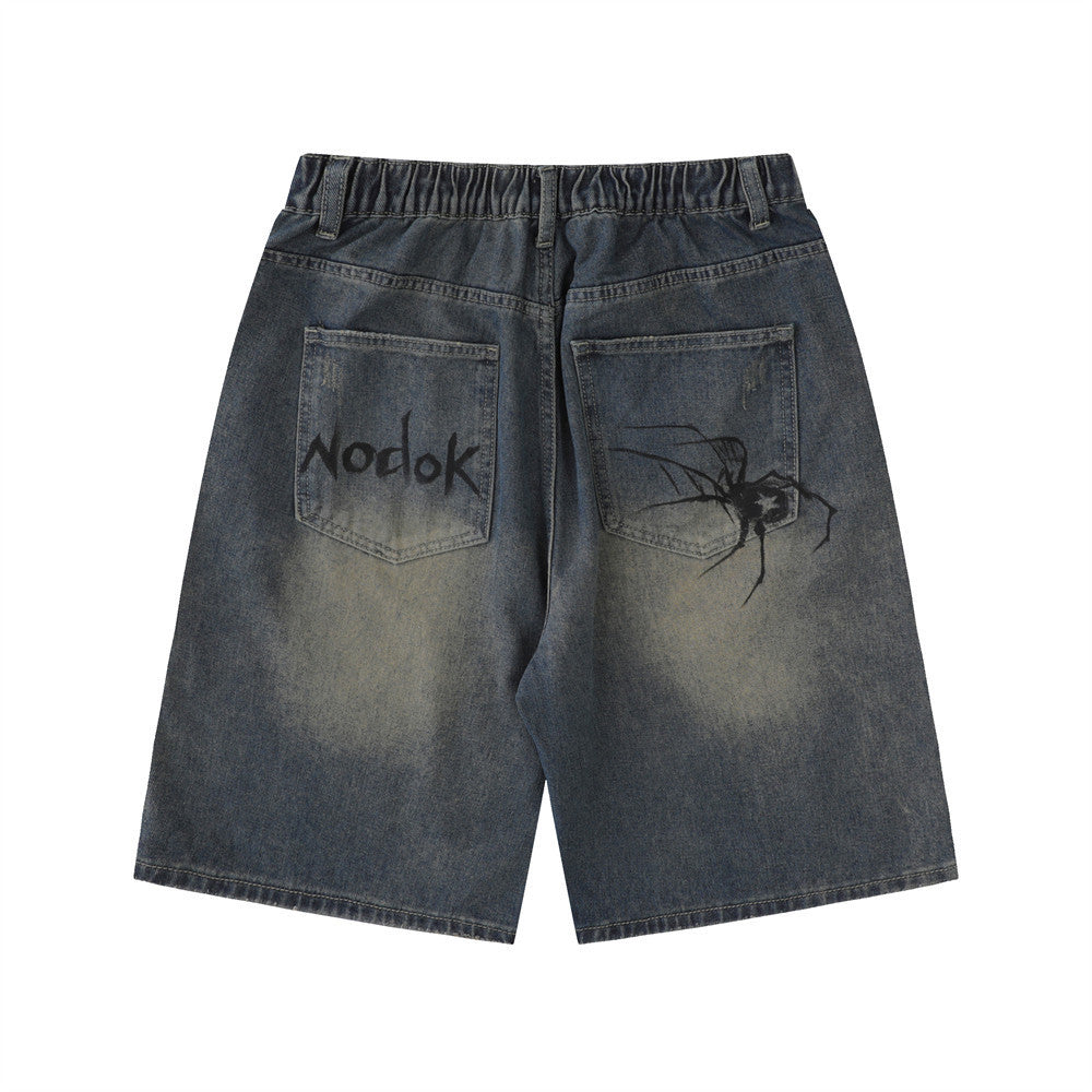 Men's Spider Print Denim Shorts in Casual Loose Fit