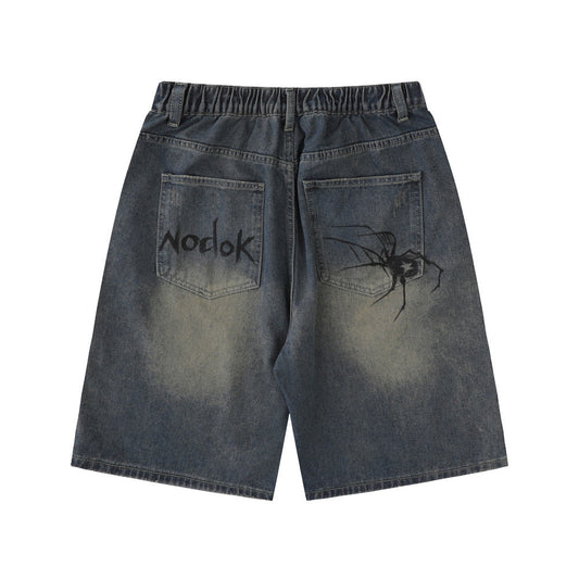 Men's Spider Print Denim Shorts in Casual Loose Fit