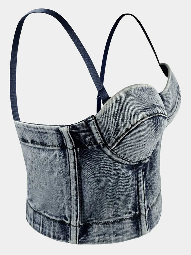 Sexy Women's Short Tank Tops Retro Fishbone Denim Camisole - Slim Fit