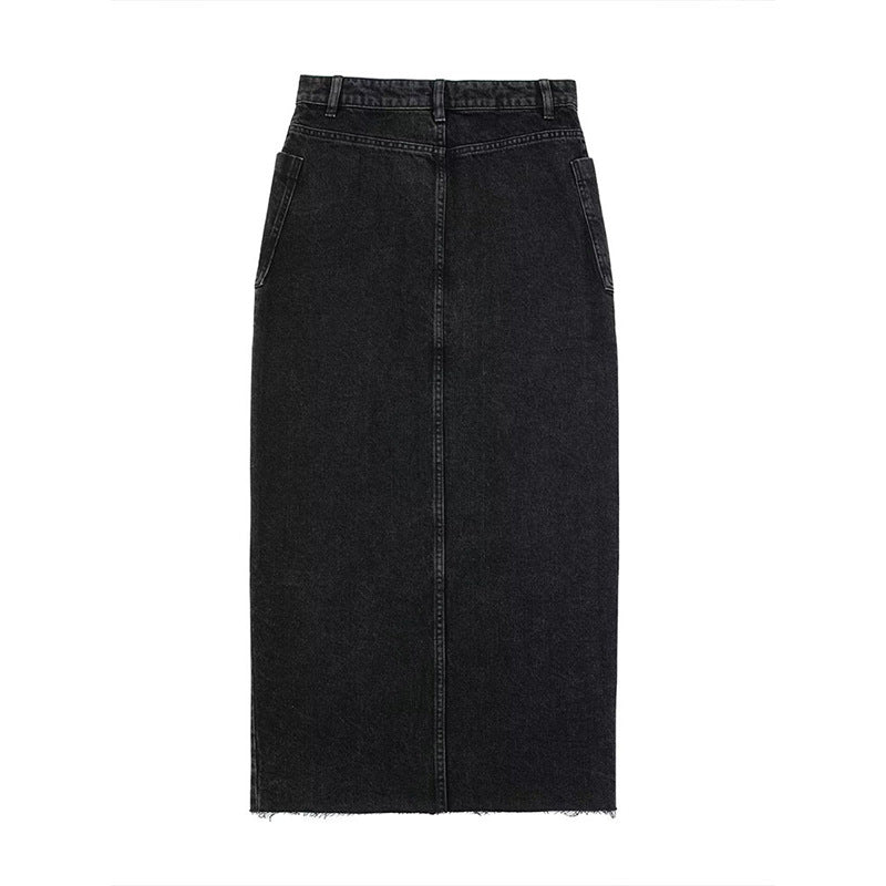 Women's High-Waisted Black Denim Midi Skirt with Slit
