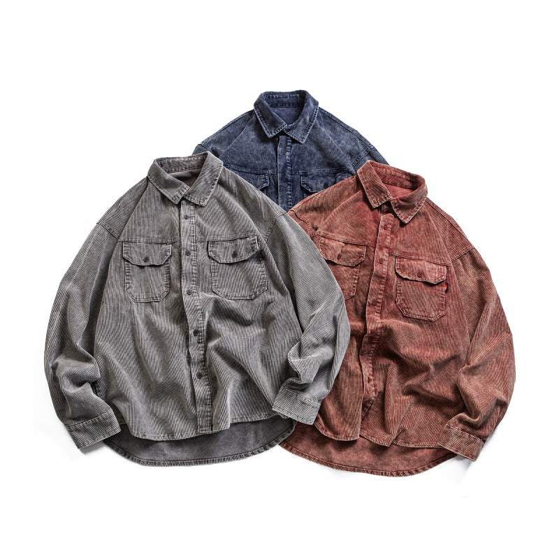 Corduroy Patch Pocket Loose Long Sleeve Shirt for Men