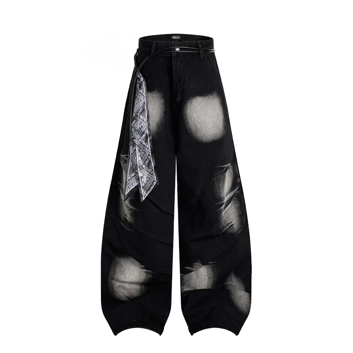 Vintage Distressed Tie-Dye Pleated Denim Pants Unisex Wide-Leg Trousers