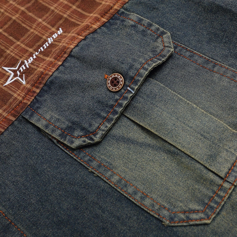 Punk Vintage Washed Denim Shirt Men's Color Block Plaid Collar Short Sleeve Loose