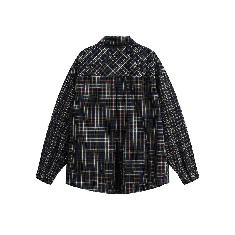 Loose Heavy-Duty Plaid Lapel Long Sleeved Casual Shirt