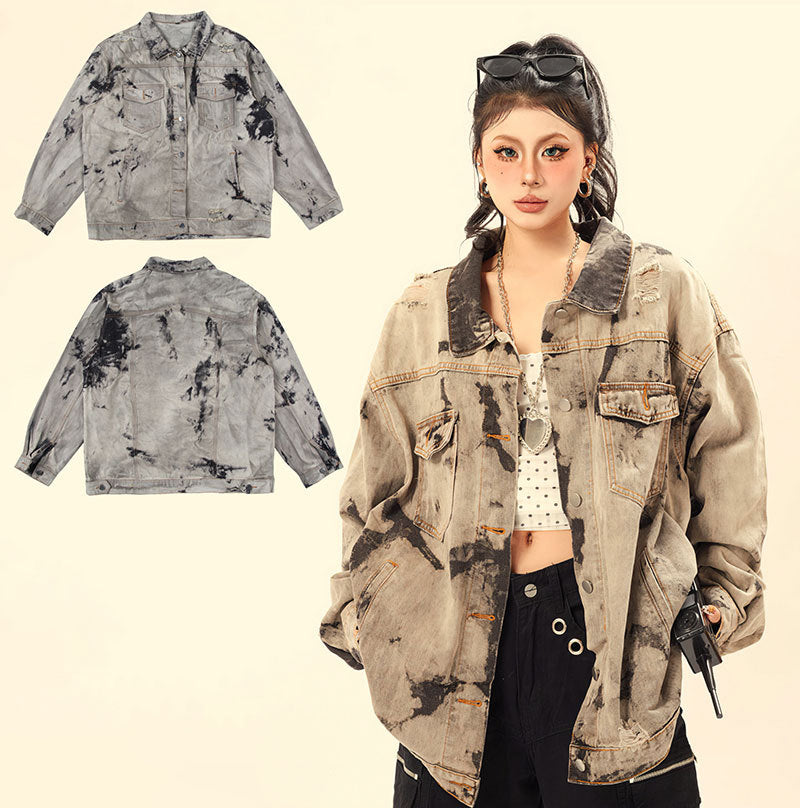 Premium Wash and Tie Dye Damage Denim Jacket