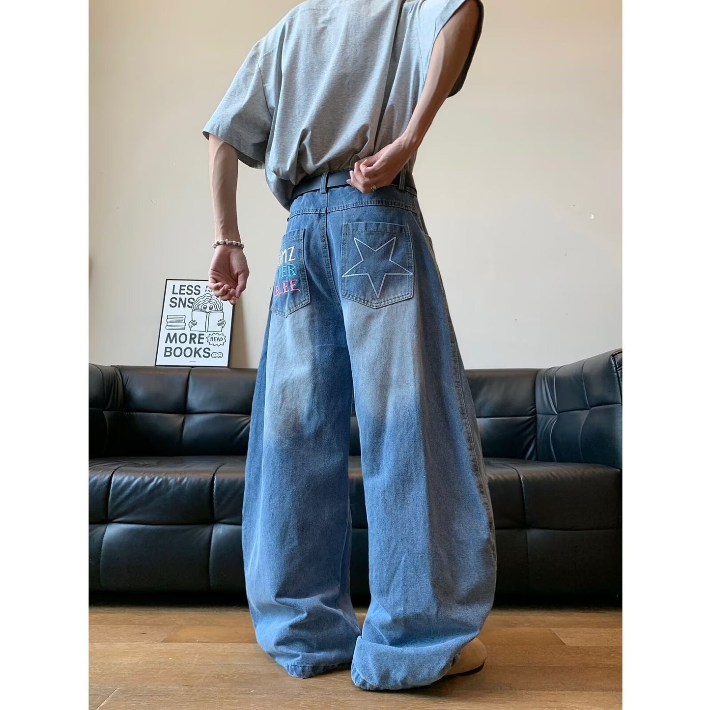 Retro Star Embroidered Curved Knife Jeans for Men