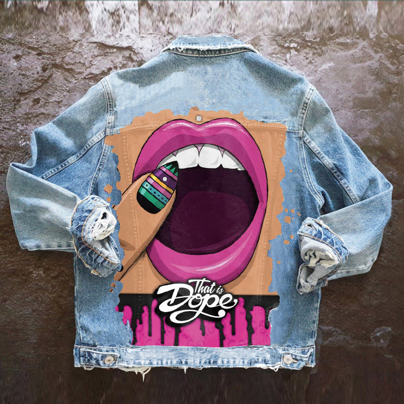 Women's Autumn Hot Selling Street Style Denim Jacket with Tongue Out Print