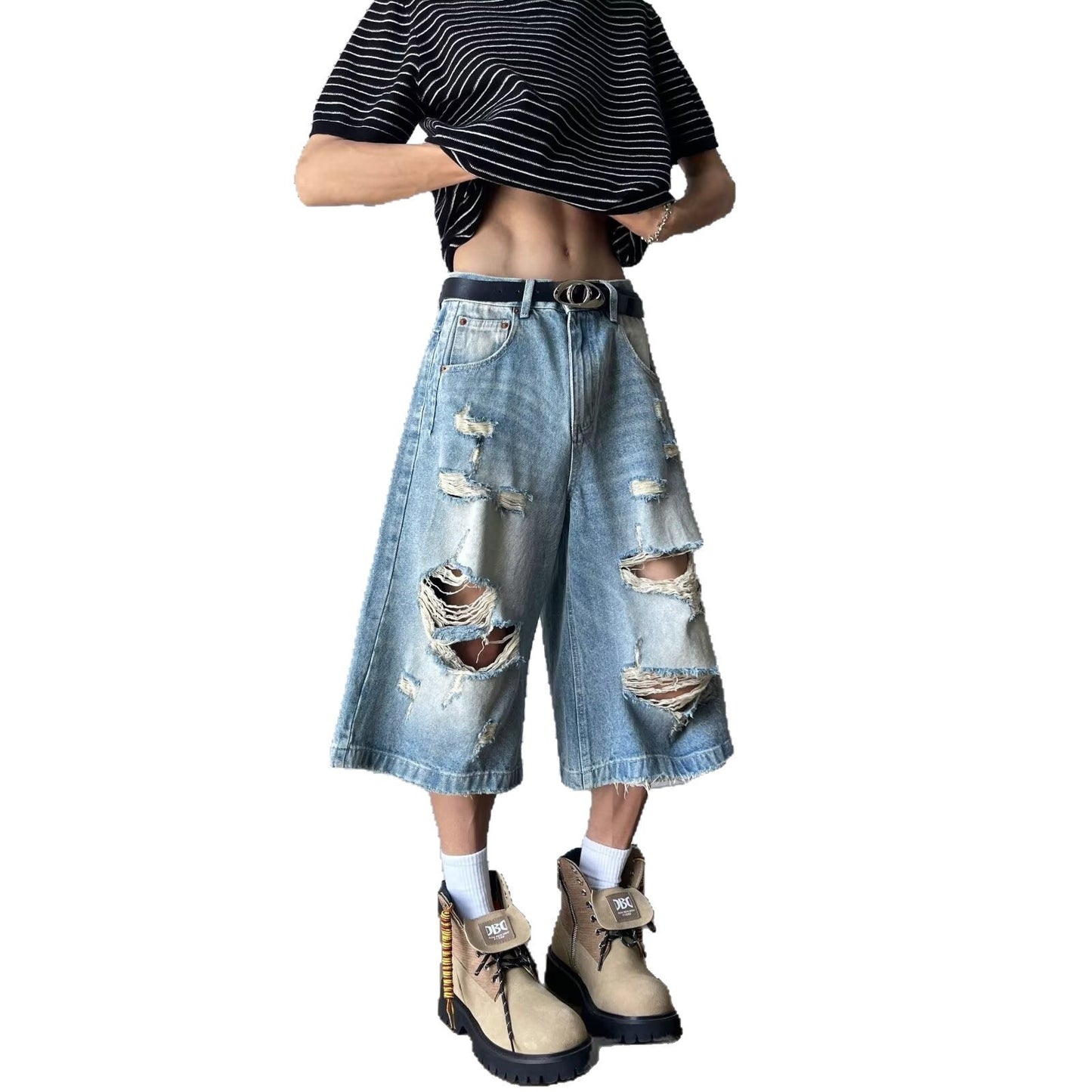 Ripped Denim Seven-Part Washed Distressed Wide Leg Shorts