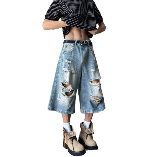 Ripped Denim Seven-Part Washed Distressed Wide Leg Shorts