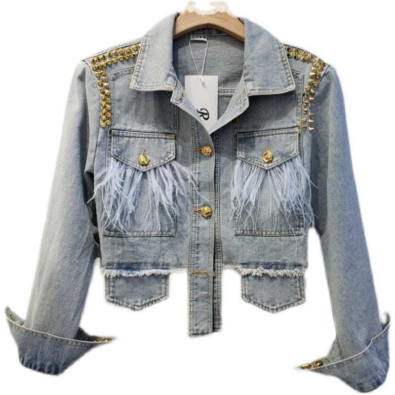 Women's Denim Coat with Patchwork Feathers and Gold Buttons