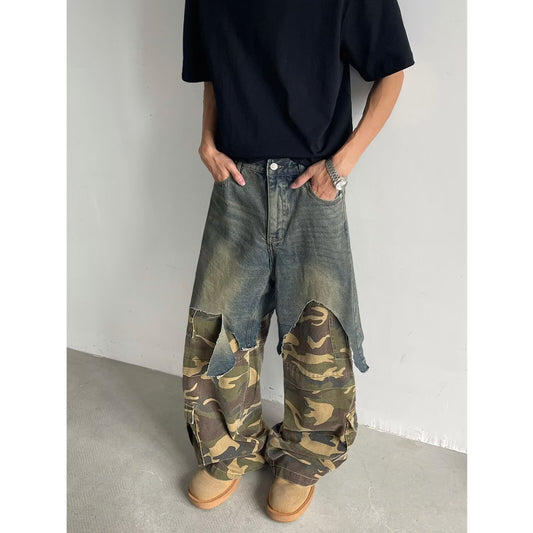 Splicing Fake Two Camouflage Workwear Color Blocked Jeans