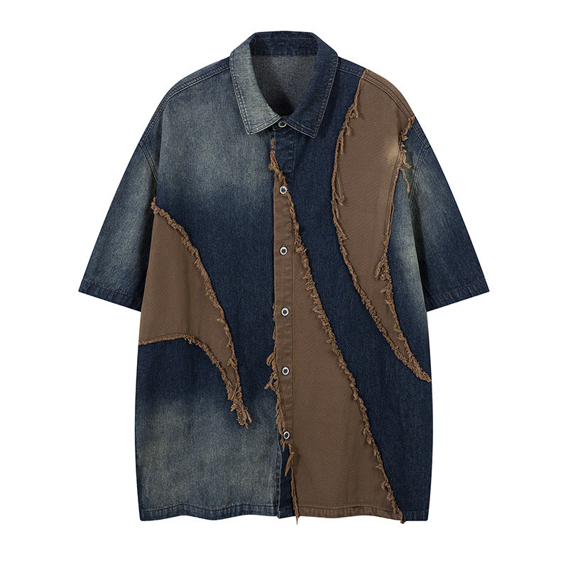 Original Colorblock Frayed Denim Short Sleeve Shirt for Men