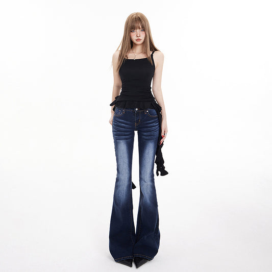 Women's Washed Slim Low Waist Flare Pants - Elastic Micro Flare Jeans
