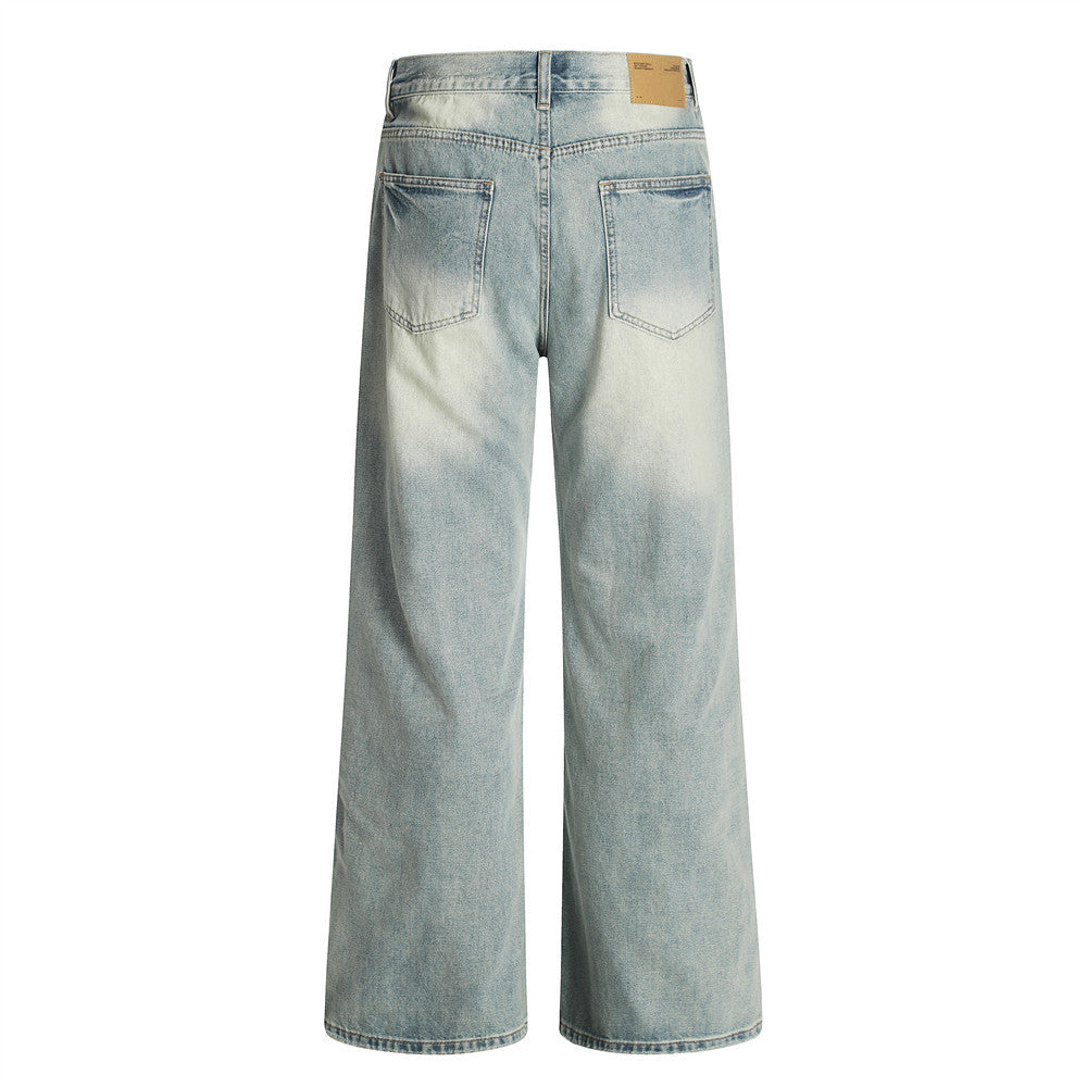 Men's Faded White Wide-Leg Straight-Leg Denim Pants