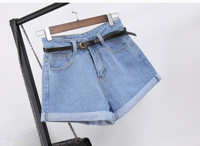 High Waist Women Denim Shorts with Pockets - Casual Cotton Slim Fit