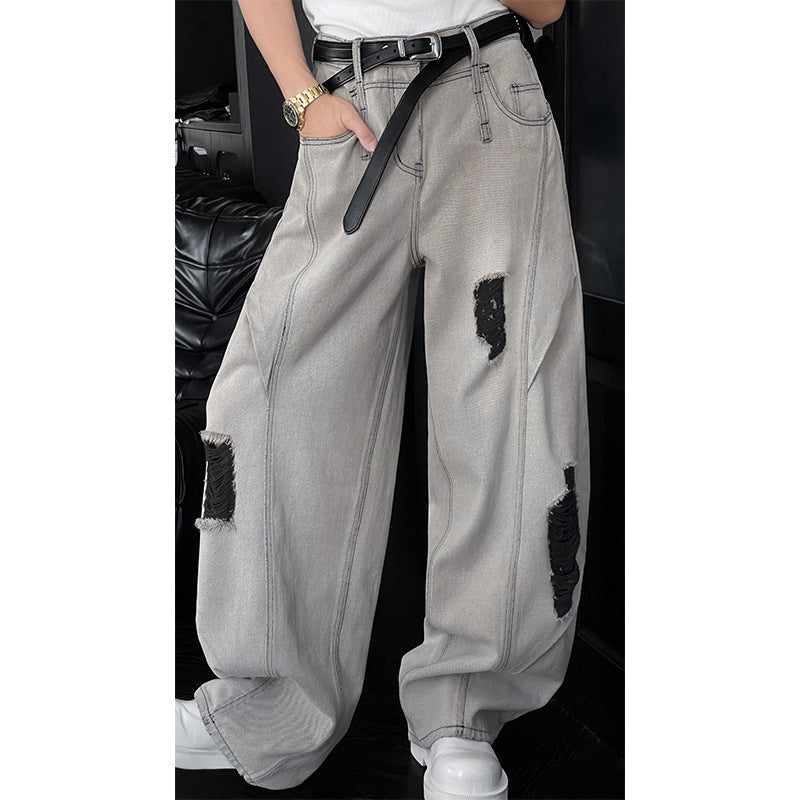 Washed Ripped Denim Curved Knife Hanging Loose Wide Leg Pants