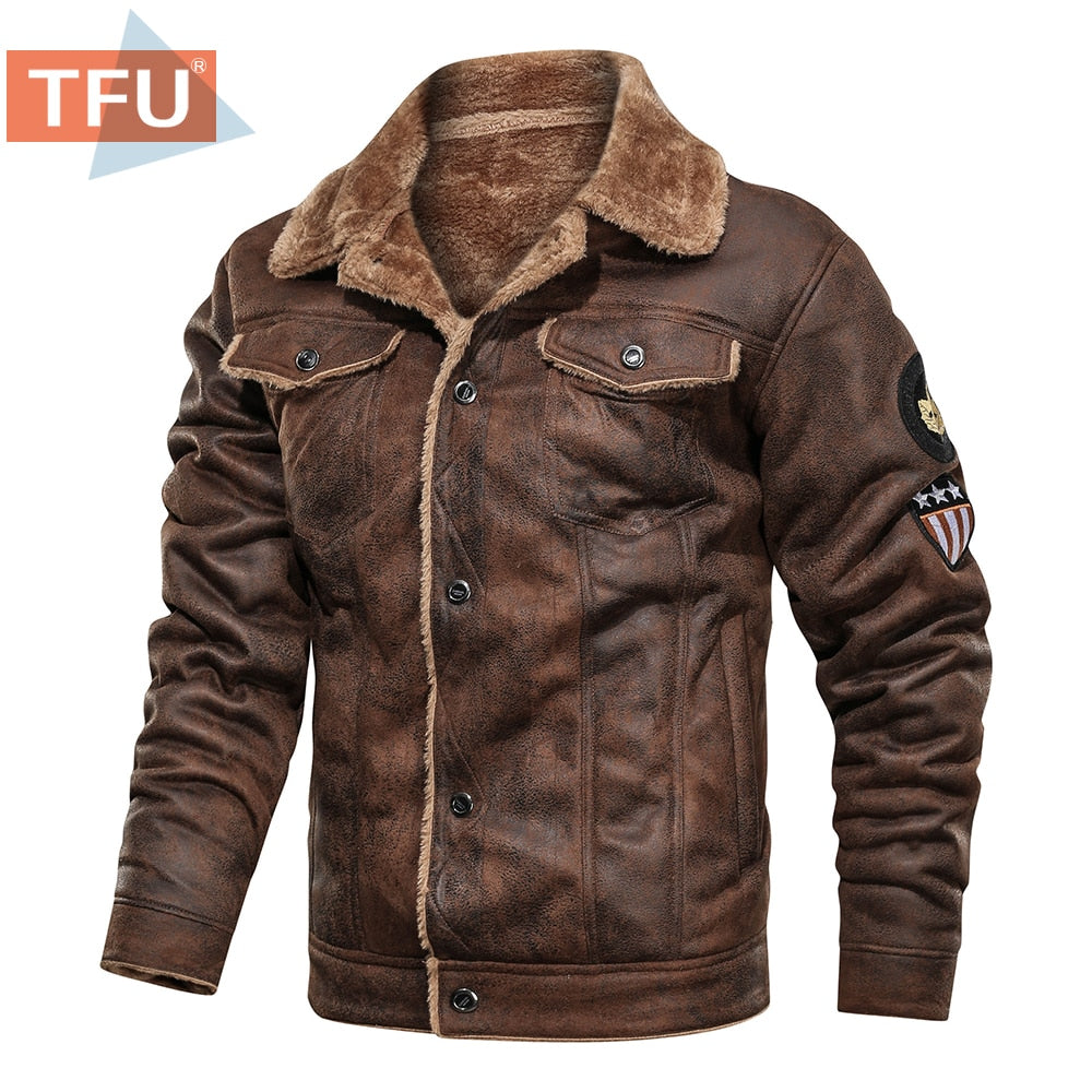 Men's Thick Warm Fleece Leather Jacket Coat - Winter Casual Military Bomber Motor Biker Leather Jackets