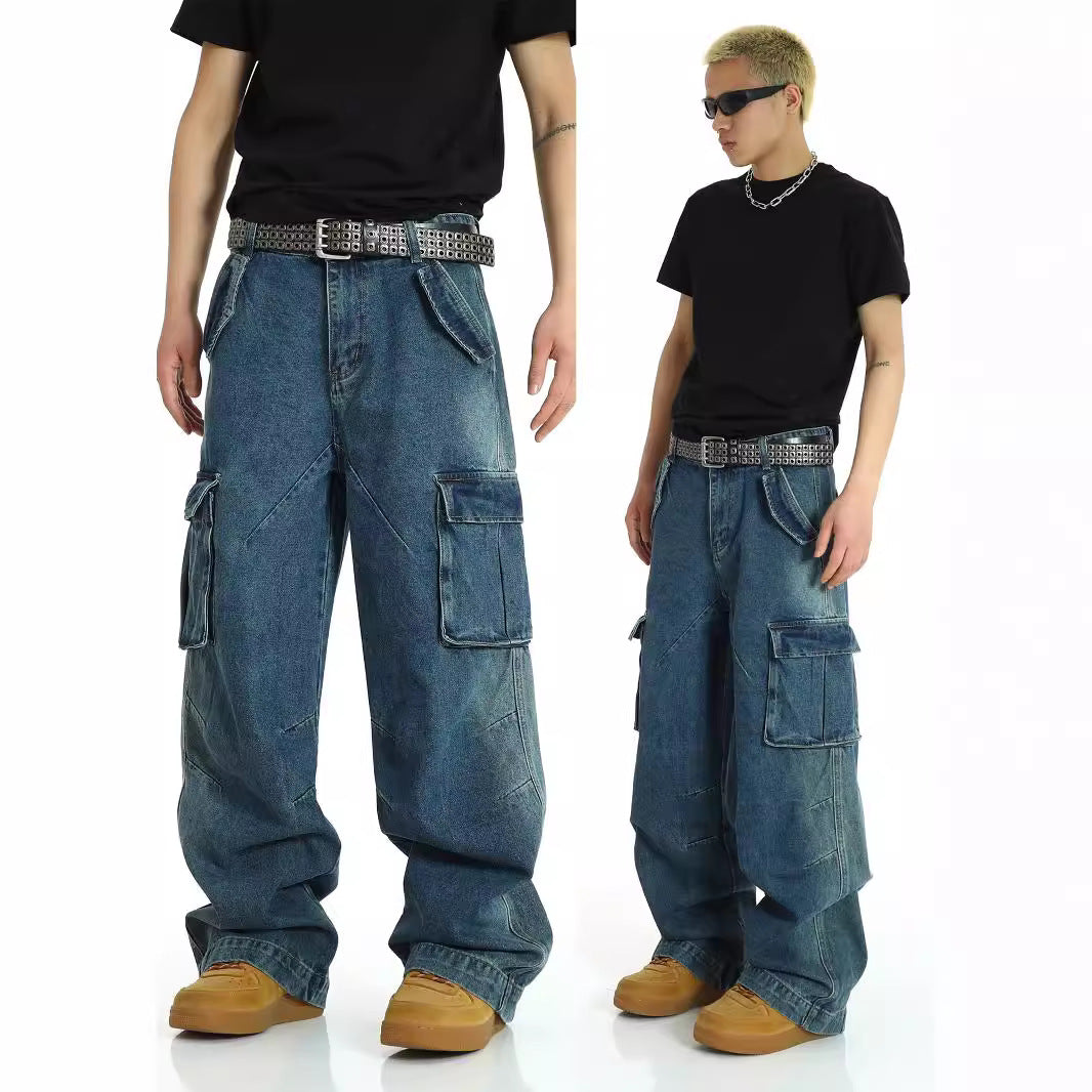 American Retro Multi Pocket Heavy-Duty Jeans for Men - Washed Street Hip-Hop Work Pants