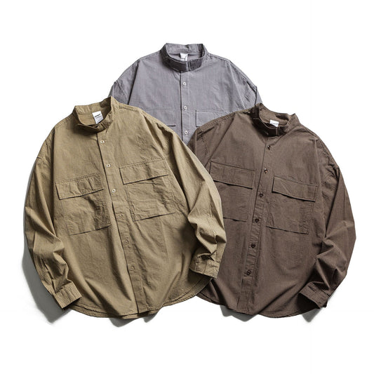 Loose Long Sleeve Shirt with Plaid Pattern and Patch Pocket