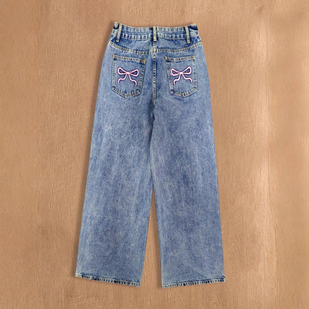 Ripped Loose Floor Wash Denim Jeans