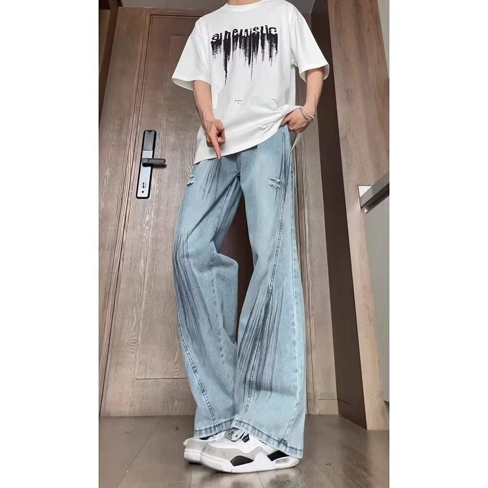 Retro Blue Ripped Semi Elastic Waist Jeans for Men