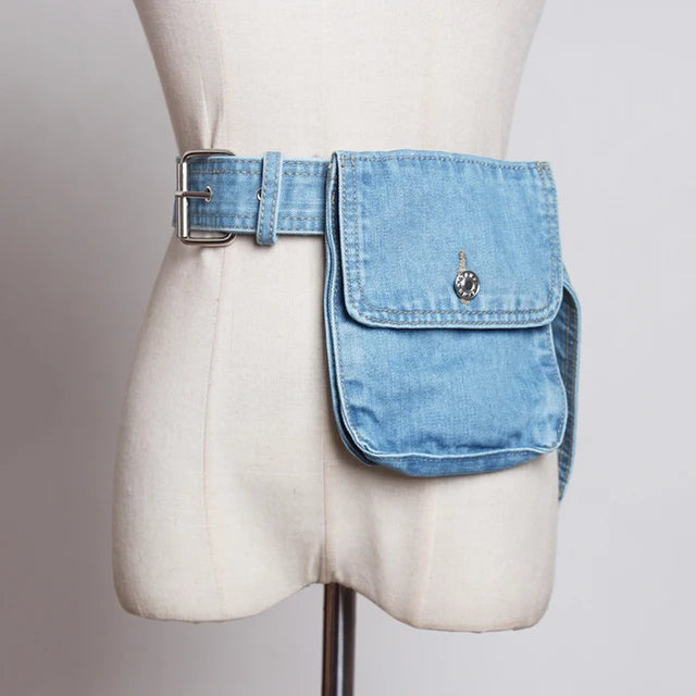 Women's Blue Denim Pocket Belt - Stylish Spring and Autumn Fashion Accessory