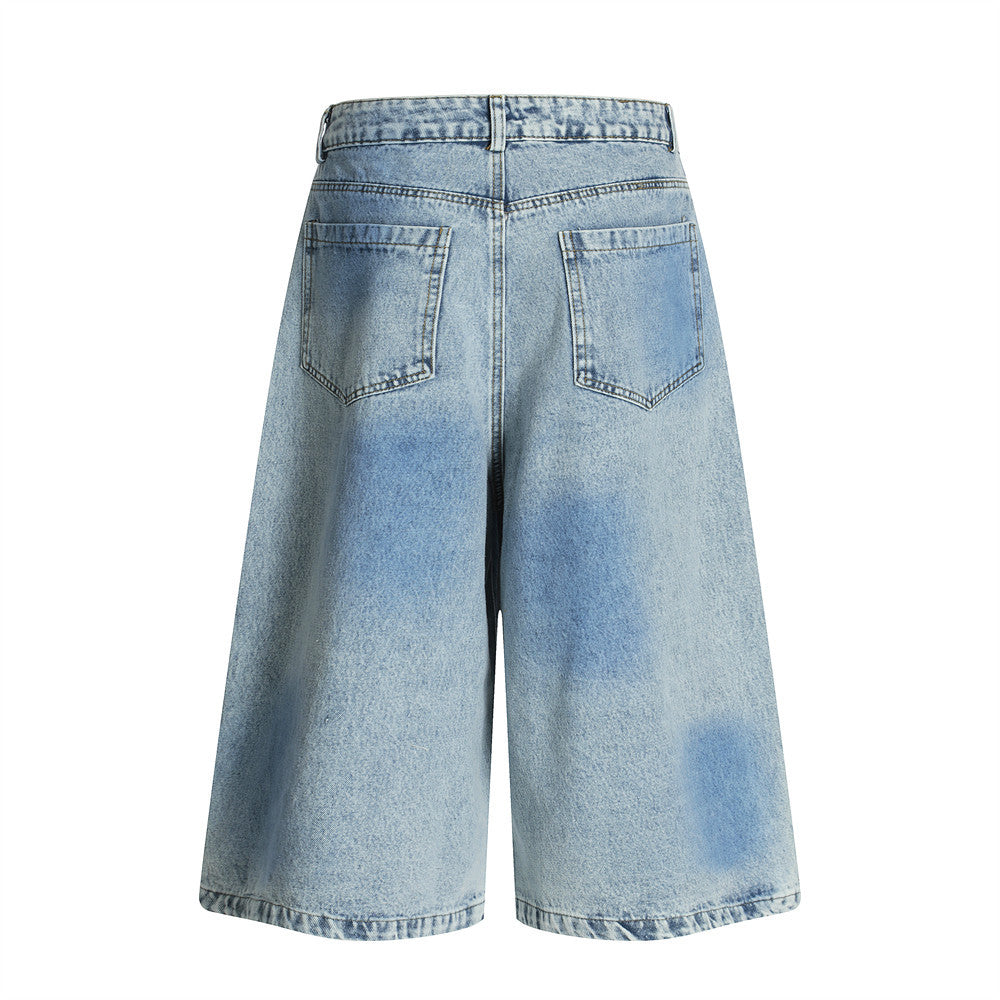 Men's Vintage Washed Denim Shorts - Stylish Loose Fit Wide-Leg Pants Inspired by Japanese Streetwear
