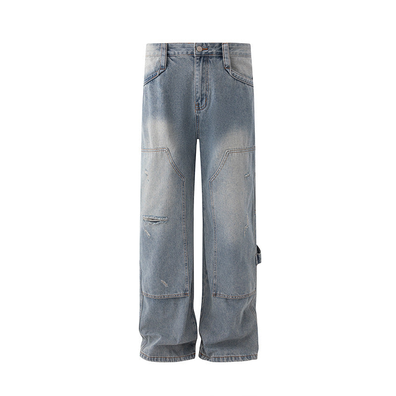 Vintage Washed Ripped Denim Pants for Men - Autumn Winter Loose Wide Leg Straight Cut Casual Wear