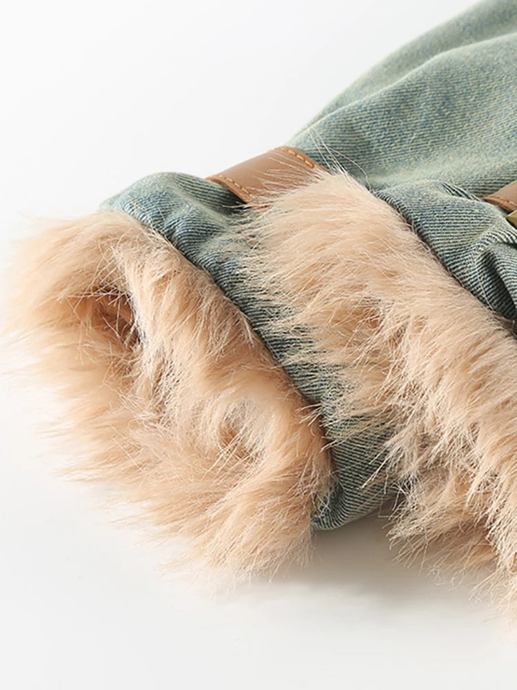 Women's Denim Coat with Stand Collar and Plush Cotton-Padded Lining