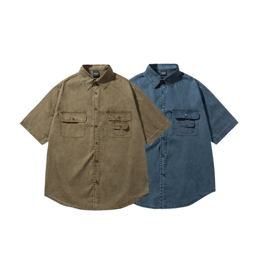 Washed Distressed Patch Pocket Loose Workwear Shirt for Men