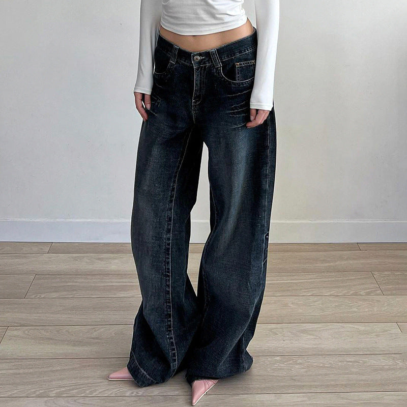 Street Retro Washed Dark Blue Loose Slim Wide Leg Pants