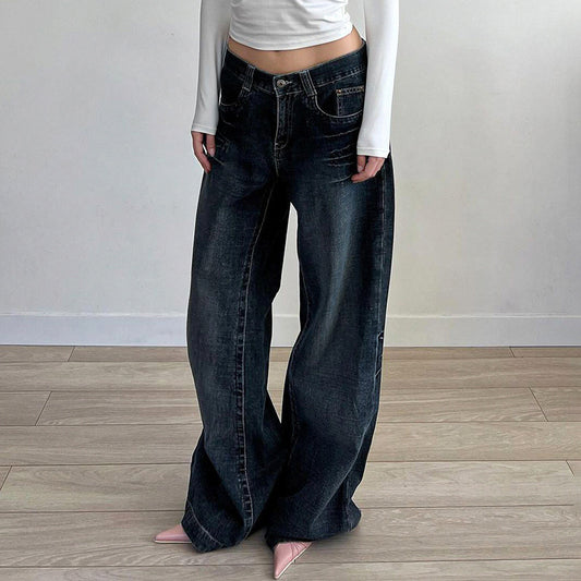 Street Retro Washed Dark Blue Loose Slim Wide Leg Pants