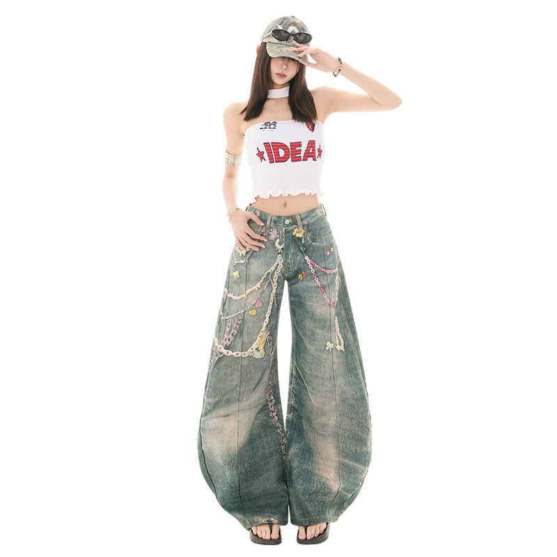 Women's High Street Wide-Leg Floor-Length Denim Pants
