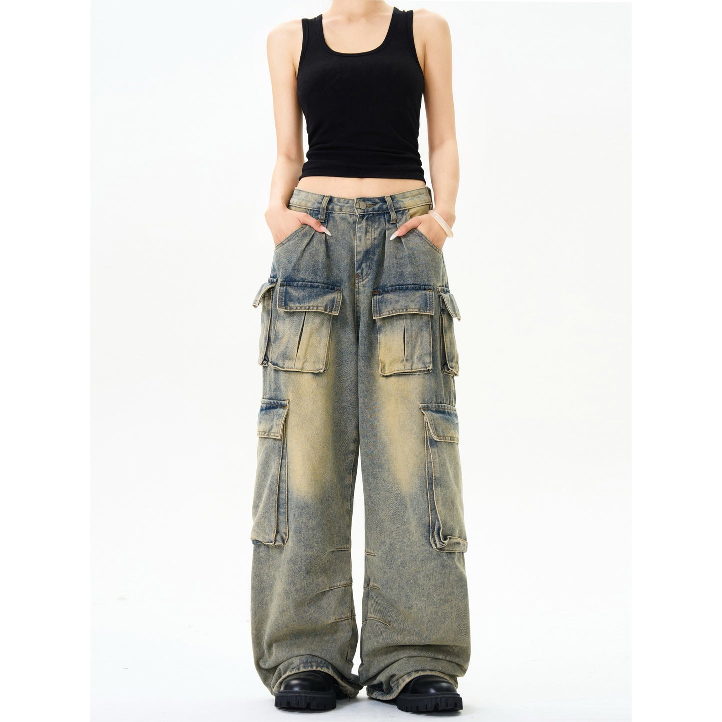 Multi Pocket Loose Wide Leg Pants - Stylish and Functional Denim