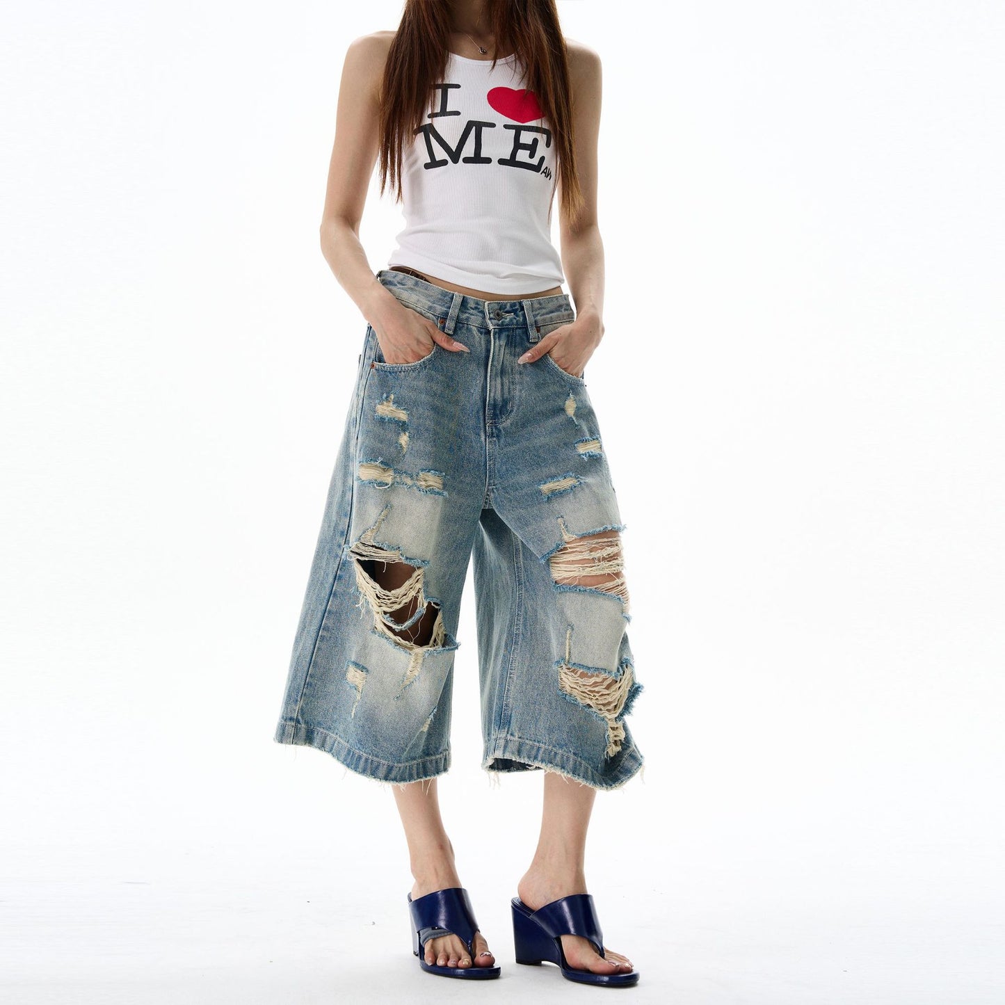 Washed Distressed Loose Straight Leg Wide Leg Shorts